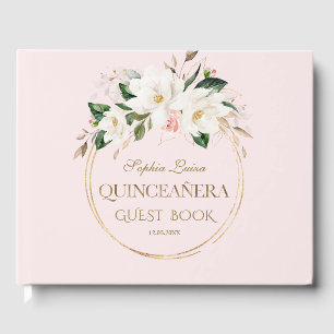 White Magnolia Blush Floral Gold Quinceañera  Guest Book