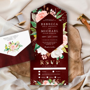 White Magnolia Blush Pink Floral Burgundy Wedding All In One Invitation