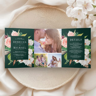 White Magnolia Blush Pink Floral Emerald Wedding Tri-Fold Invitation