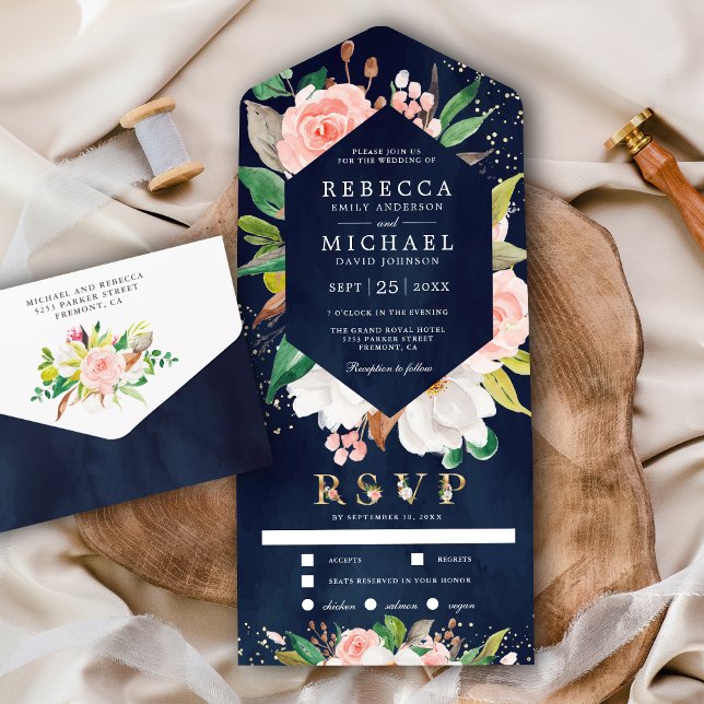 White Magnolia Blush Pink Floral Navy Blue Wedding All In One Invitation (Creator Uploaded)