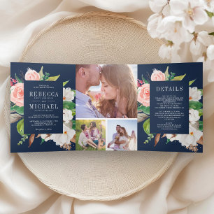 White Magnolia Blush Pink Floral Navy Blue Wedding Tri-Fold Invitation