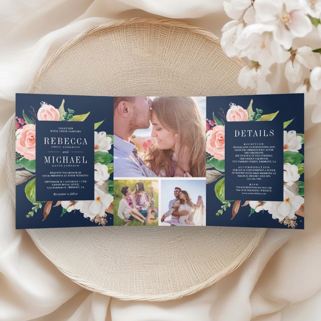 White Magnolia Blush Pink Floral Navy Blue Wedding Tri-Fold Invitation (Creator Uploaded)