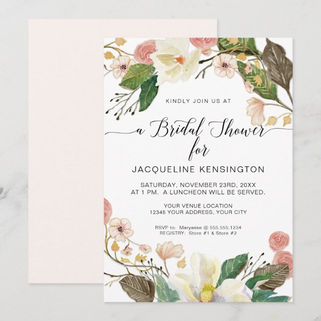White Magnolia Blush Pink Floral Twig n Foliage Invitation (Front/Back)