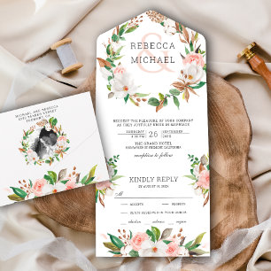 White Magnolia Blush Pink Floral Wreath Wedding All In One Invitation