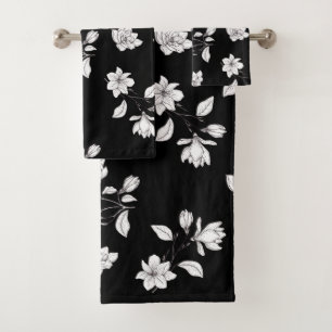 White Magnolia Branches On Black Bath Towel Set