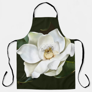 White Magnolia Closeup Green Background Apron