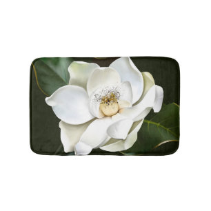 White Magnolia Closeup Green Background Bath Mat