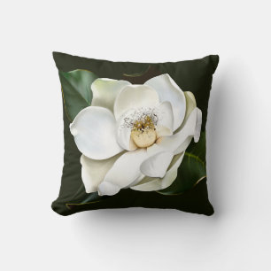 White Magnolia Closeup Green Background Cushion