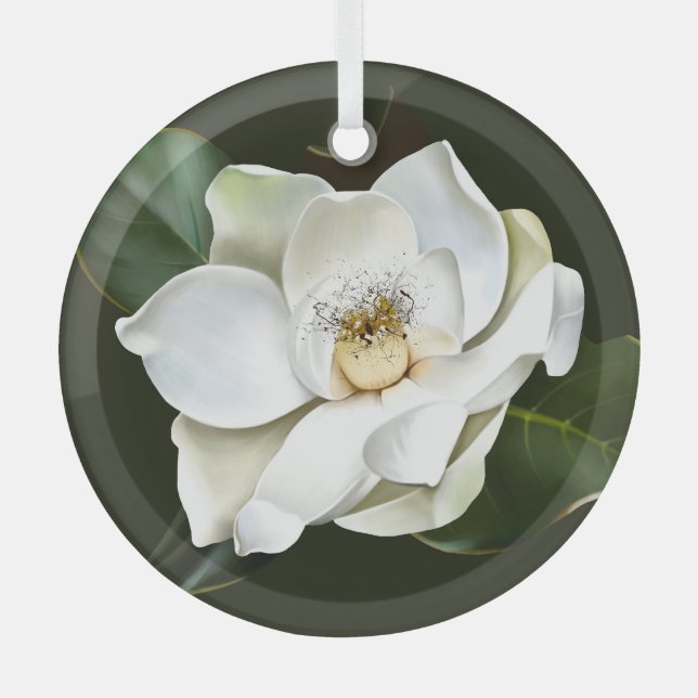 White Magnolia Closeup Green Background Glass Tree Decoration (Front)