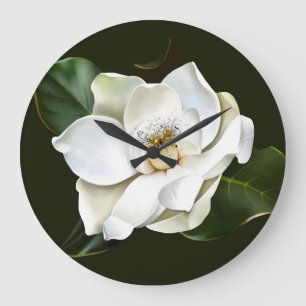 White Magnolia Closeup Green Background Large Clock