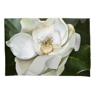 White Magnolia Closeup Green Background Pillowcase