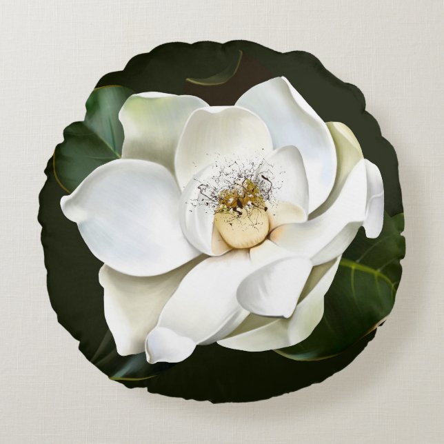 White Magnolia Closeup Green Background Round Cushion (Front)