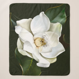 White Magnolia Closeup Green Background Sherpa Blanket
