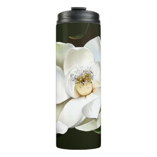 White Magnolia Closeup Green Background Thermal Tumbler