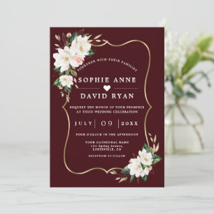 White Magnolia Deep Burgundy All In One Wedding Invitation