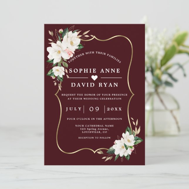 White Magnolia Deep Burgundy All In One Wedding   Invitation (Standing Front)