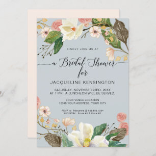 White Magnolia Dusty Blue Pink Floral Twig Foliage Invitation