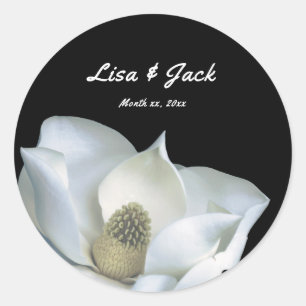 White Magnolia Elegant Black and White Wedding Classic Round Sticker