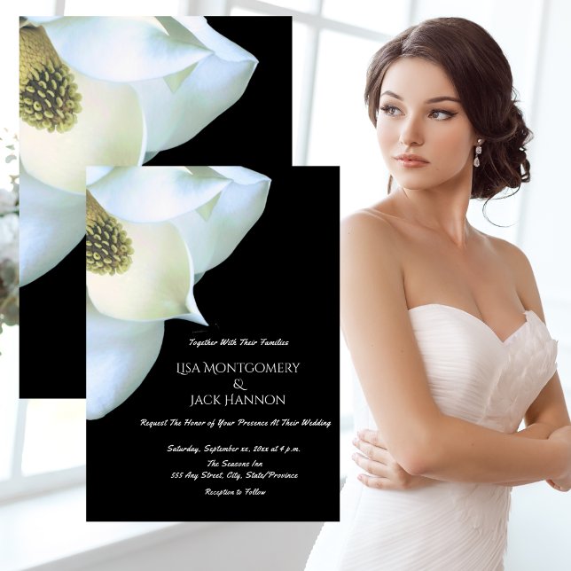 White Magnolia Elegant Black White Floral Wedding  Invitation (White Magnolia Elegant Black White Floral Wedding Invitation)
