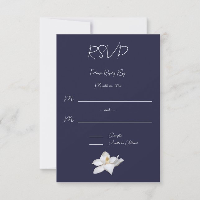 White Magnolia Elegant Floral on Navy Wedding RSVP Card (Front)