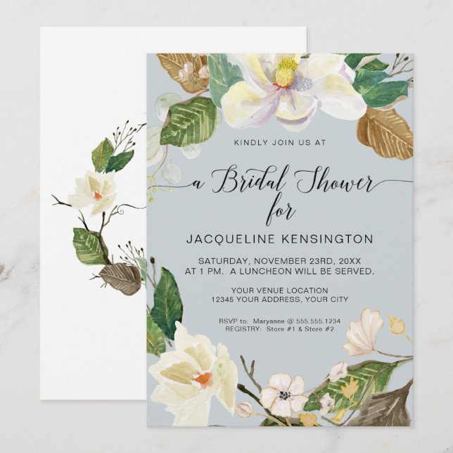 White Magnolia Elegant Floral Watercolor n Foliage Invitation (Front/Back)