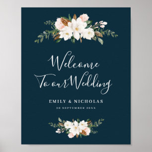 white magnolia floral blue welcome wedding sign