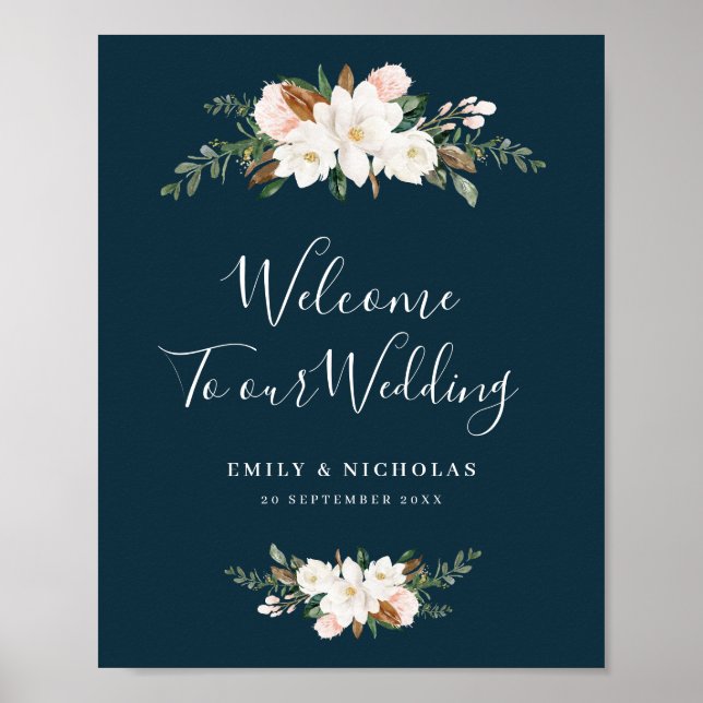 white magnolia floral blue welcome wedding sign (Front)