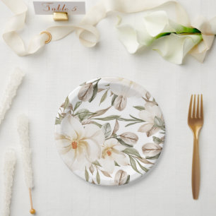 White Magnolia Floral Bridal Shower Greenery Paper Plate