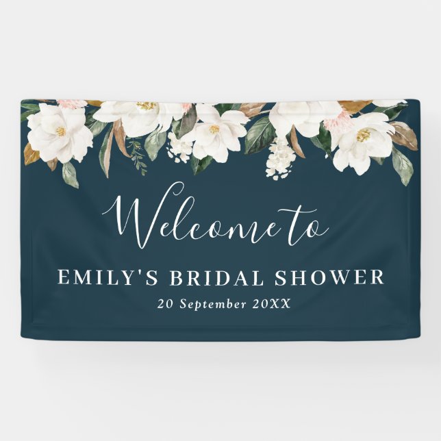 white magnolia floral bridal shower welcome banner (Horizontal)