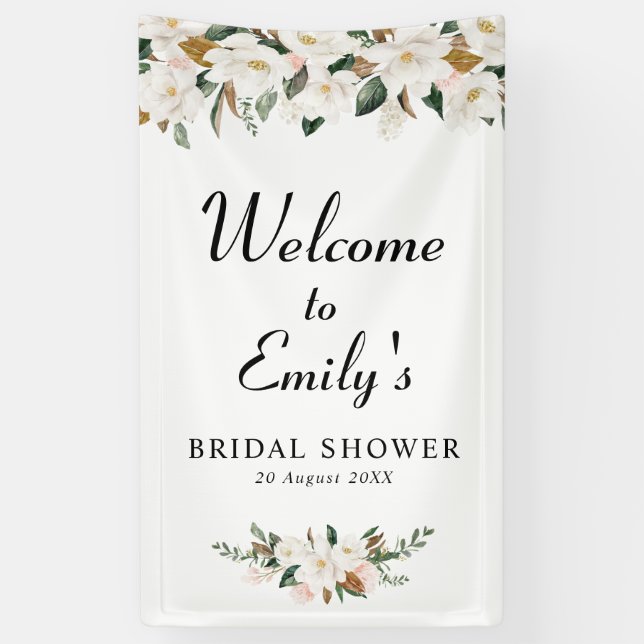 white magnolia floral bridal shower welcome sign (Vertical)