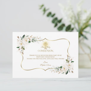 White Magnolia Floral First Holy Communion Thank You Card