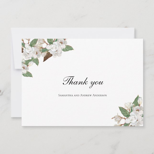 White Magnolia Floral Flowers Greenery Wedding  Thank You Card (Front)