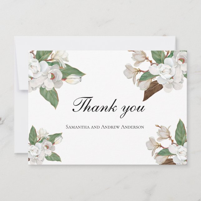 White Magnolia Floral Flowers Greenery Wedding  Thank You Card (Front)