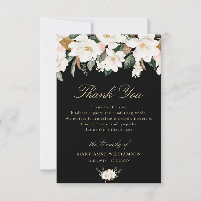 white magnolia floral funeral thank you note (Front)