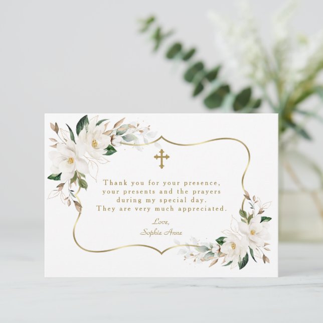 White Magnolia Floral Gold Frame Cross Baptism  Thank You Card (Standing Front)