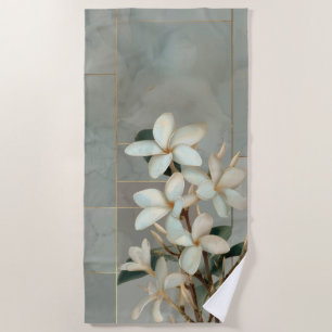 White Magnolia Floral Gold Line Marble Beach Towel