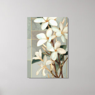 White Magnolia Floral Gold Line Marble Canvas Print