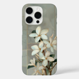 White Magnolia Floral Gold Line Marble iPhone 16 Pro Case