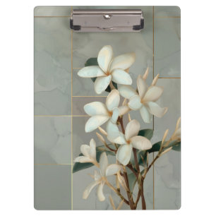 White Magnolia Floral Gold Line Marble Clipboard