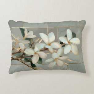 White Magnolia Floral Gold Line Marble Decorative Cushion