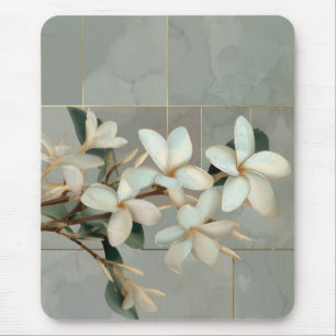White Magnolia Floral Gold Line Marble Mouse Mat