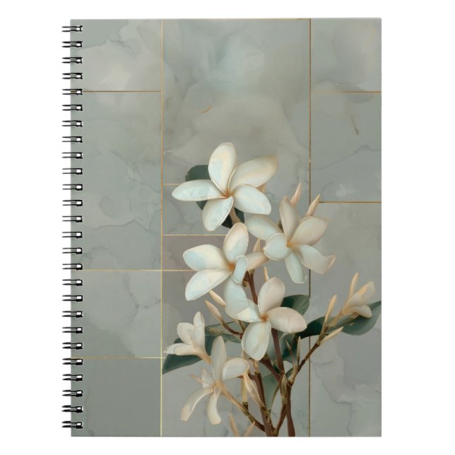 White Magnolia Floral Gold Line Marble Notebook (Front)