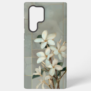 White Magnolia Floral Gold Line Marble Samsung Galaxy Case