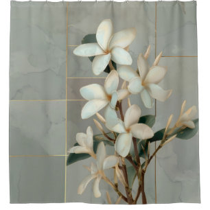 White Magnolia Floral Gold Line Marble Shower Curtain