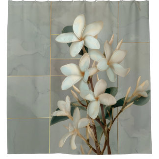 White Magnolia Floral Gold Line Marble Shower Curtain