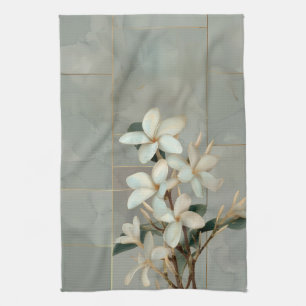 White Magnolia Floral Gold Line Marble Tea Towel