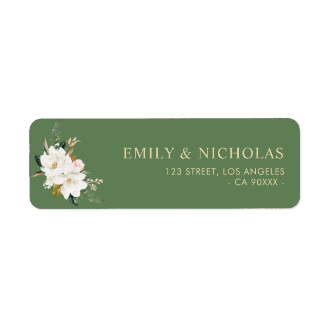 white magnolia floral green address label (Front)