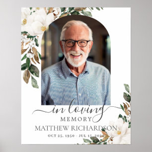 White Magnolia Floral Male Photo Funeral Memorial  Poster