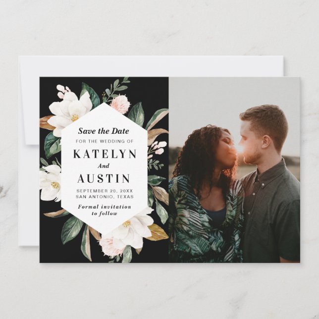 white magnolia floral modern photo save the date (Front)