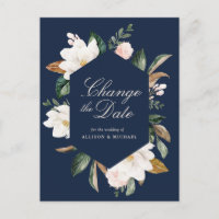 white magnolia floral navy blue change the date